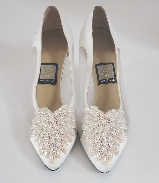 Nina Dress Shoe - New/Never Worn  Size 8.5 Medium  Off-White/Cream Satin  Mesh/Satin Sides  Intricate Beading Detail on Top  Approx 2 ¾ Heel