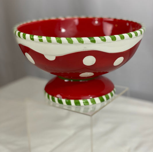 Ceramic Pedestal Bowl  Red with White Polka Dots  Green/White Trimming on Top/Bottom  Approx 4 ½” H x 8” Diameter