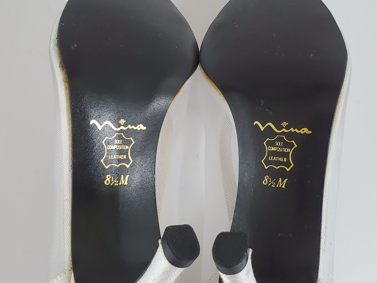 Nina Dress Shoe - New/Never Worn  Size 8.5 Medium  Off-White/Cream Satin  Mesh/Satin Sides  Intricate Beading Detail on Top  Approx 2 ¾ Heel