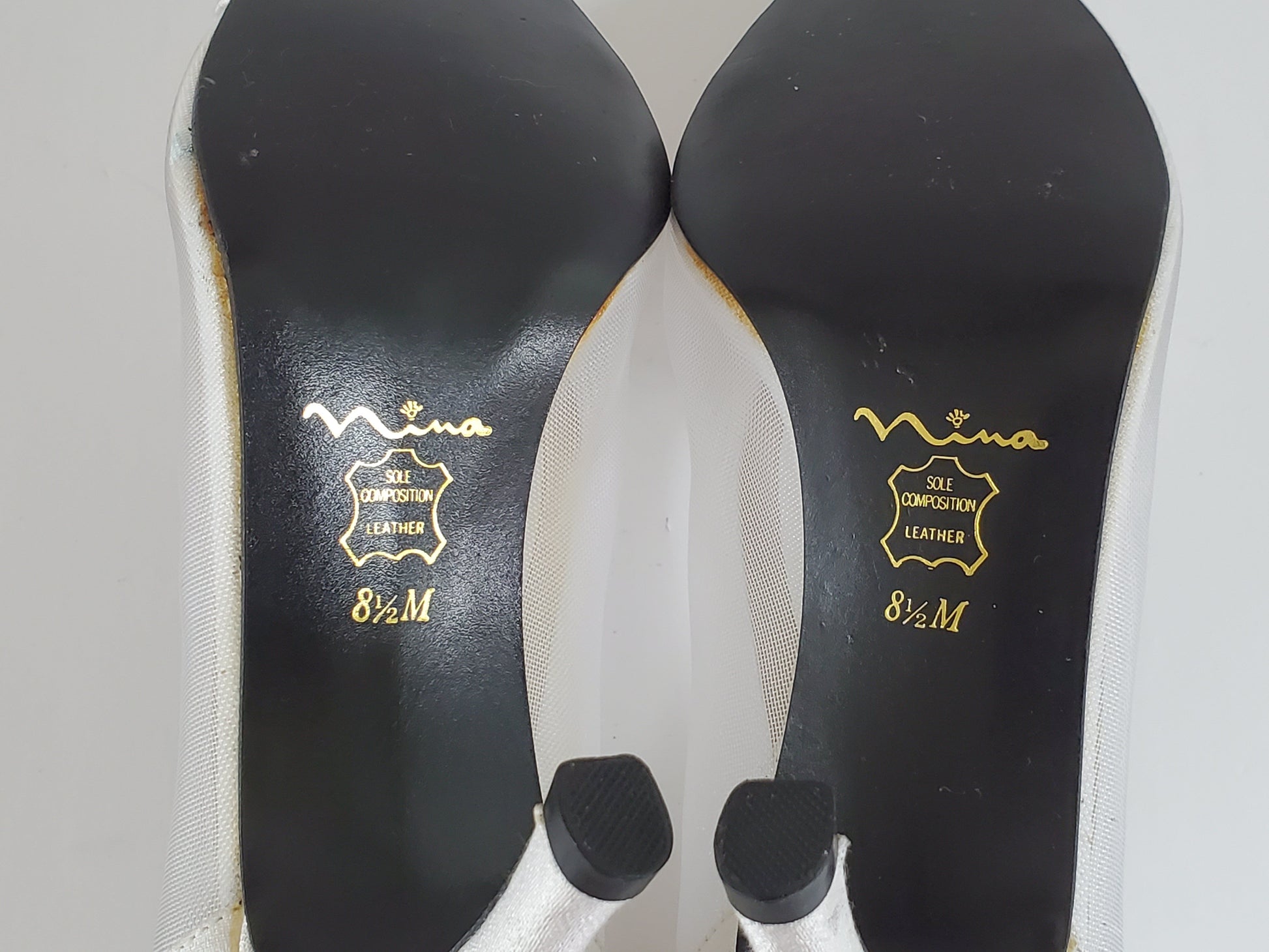 Nina Dress Shoe - New/Never Worn  Size 8.5 Medium  Off-White/Cream Satin  Mesh/Satin Sides  Intricate Beading Detail on Top  Approx 2 ¾ Heel