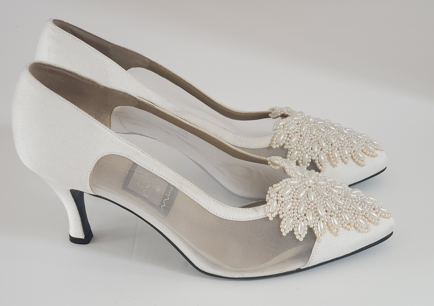 Nina Dress Shoe - New/Never Worn  Size 8.5 Medium  Off-White/Cream Satin  Mesh/Satin Sides  Intricate Beading Detail on Top  Approx 2 ¾ Heel