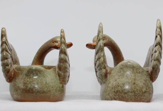 Set of two (2) Stone Swans  Votive Candle Holders  Green with Brown Beaks  Each Measures Approx:    4.5” W x 3.5” H