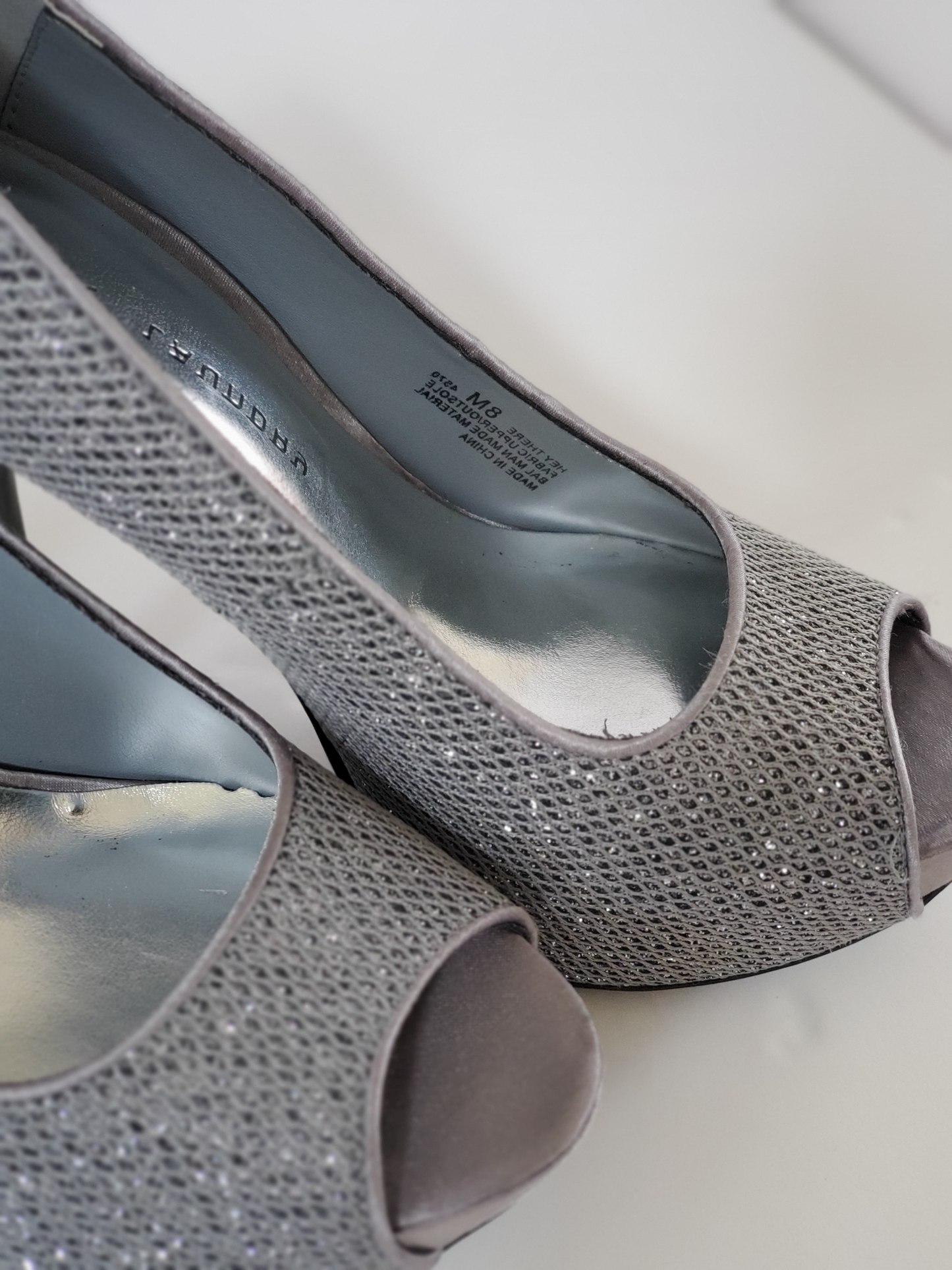 New - Excellent Condition   Size 8M  Grey Sparkle Upper  Satin 5” Heels  Leather Soles  Open Toe