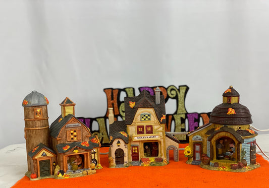 Gayle’s Grain Approx 6.5” H x 5” W x 3” D  Molly’s Mart  Approx  6.5” H x 5.75” W x 3.5” D  The Apple Barn Approx 6” H x 5” W x 4” D    Ceramic Pieces  Electric Lighting/Illumination  Great Detail of Autumn Decor