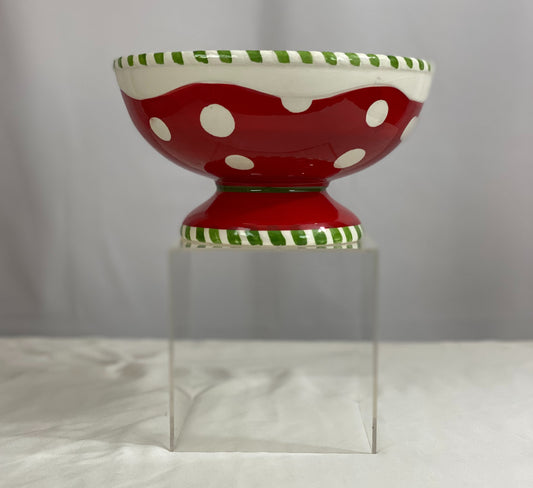 Ceramic Pedestal Bowl  Red with White Polka Dots  Green/White Trimming on Top/Bottom  Approx 4 ½” H x 8” Diameter