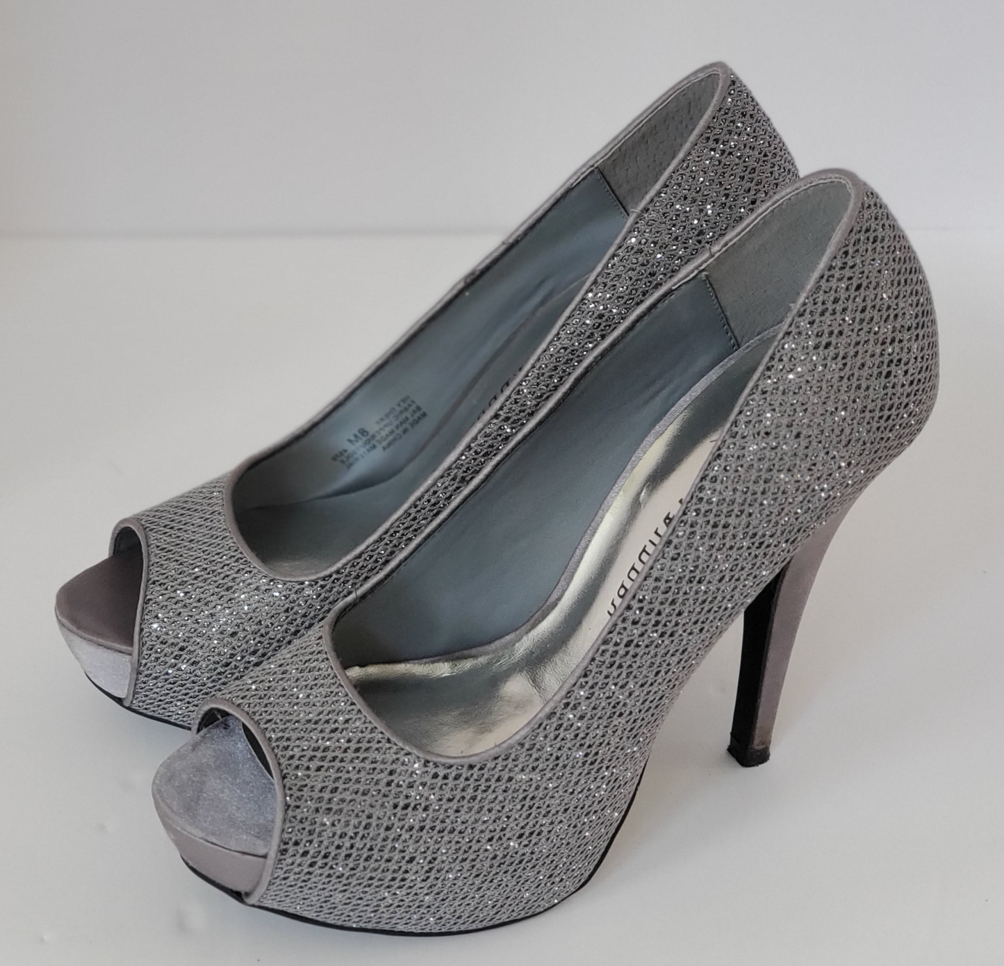 New - Excellent Condition   Size 8M  Grey Sparkle Upper  Satin 5” Heels  Leather Soles  Open Toe