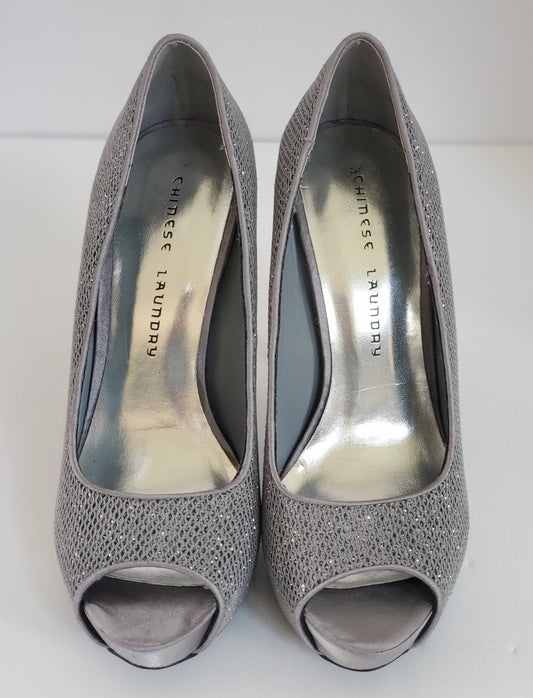 New - Excellent Condition   Size 8M  Grey Sparkle Upper  Satin 5” Heels  Leather Soles  Open Toe