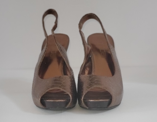 Pre-Owned - Excellent Condition   Gold Faux Snake-Skin Upper  Sling-Back Pump  Size 7.5M  Approx 4” Heel  Open Toe 