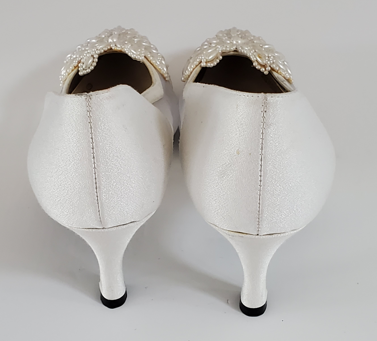 Nina Dress Shoe - New/Never Worn  Size 8.5 Medium  Off-White/Cream Satin  Mesh/Satin Sides  Intricate Beading Detail on Top  Approx 2 ¾ Heel