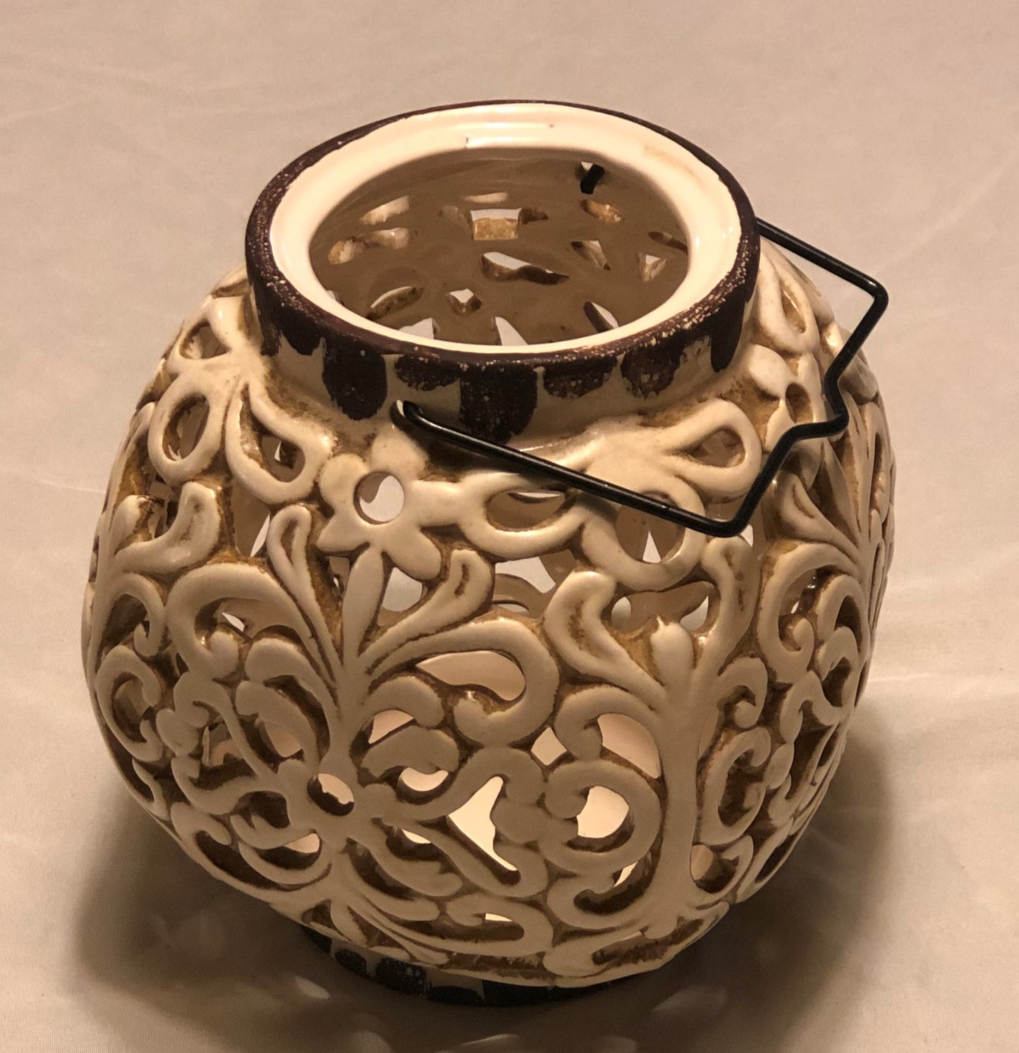 Ceramic Candle Holder with Wire Handle  Swirl/Intricate Design  Cream Color  Approx:  6.5” H x 5” W