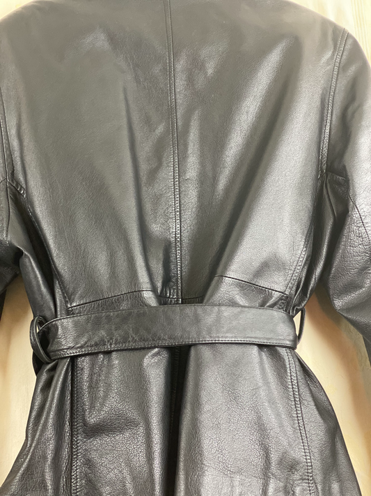 Pre-Owned - Excellent Condition   Soft-Leather Coat  Size Large  Two (2) Button & Belt Front Closure  Removable Lining  Two (2) Front/Side Pockets  25” Shoulder to Bottom; 23” Sleeve; 22” Across Chest