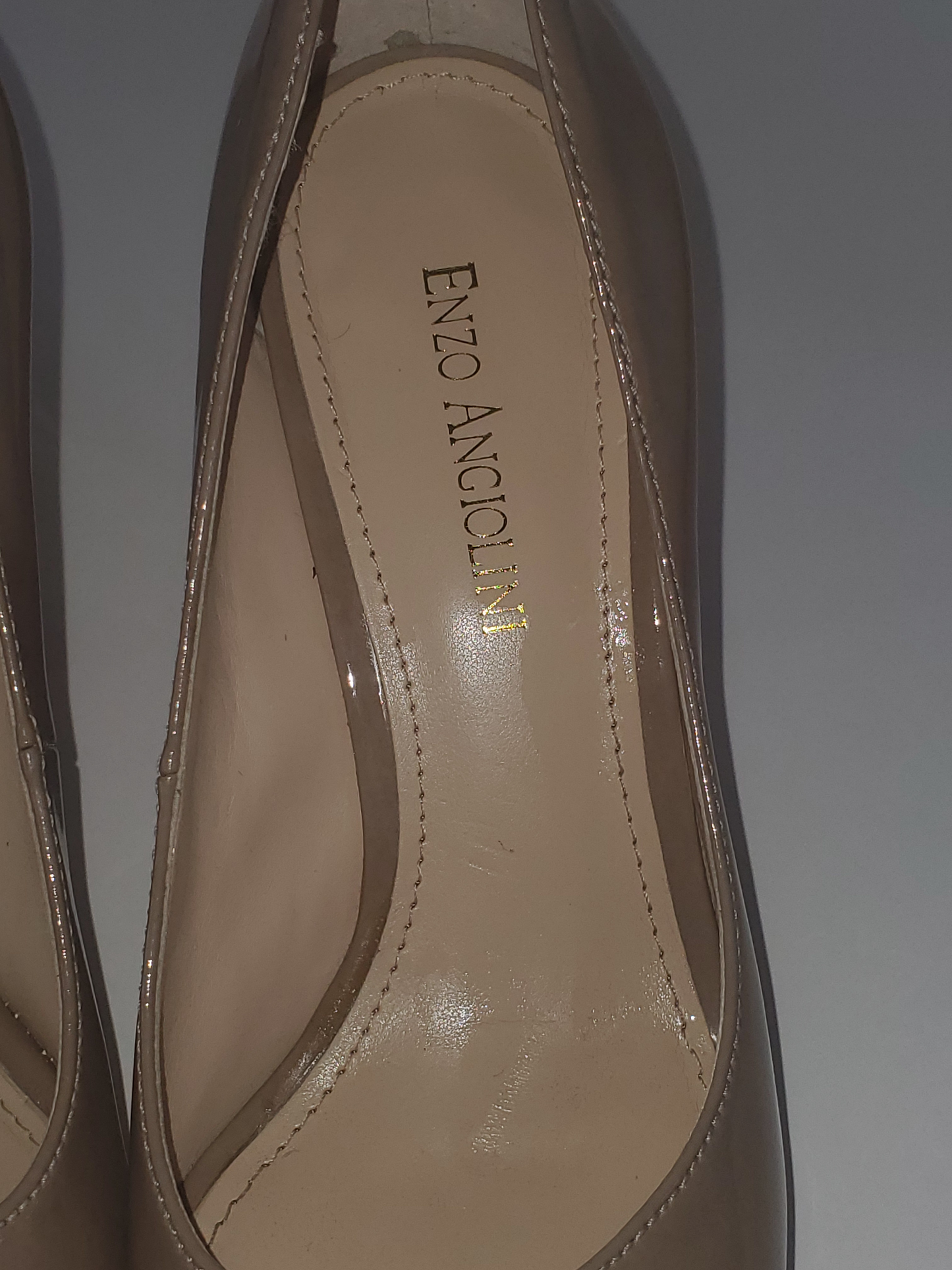 Pre-Owned - Good Condition - Gently Used   Tan Patent Leather Upper Shoe  Leather Soles  Open Toe  Approx 3.5” - 4” Heel