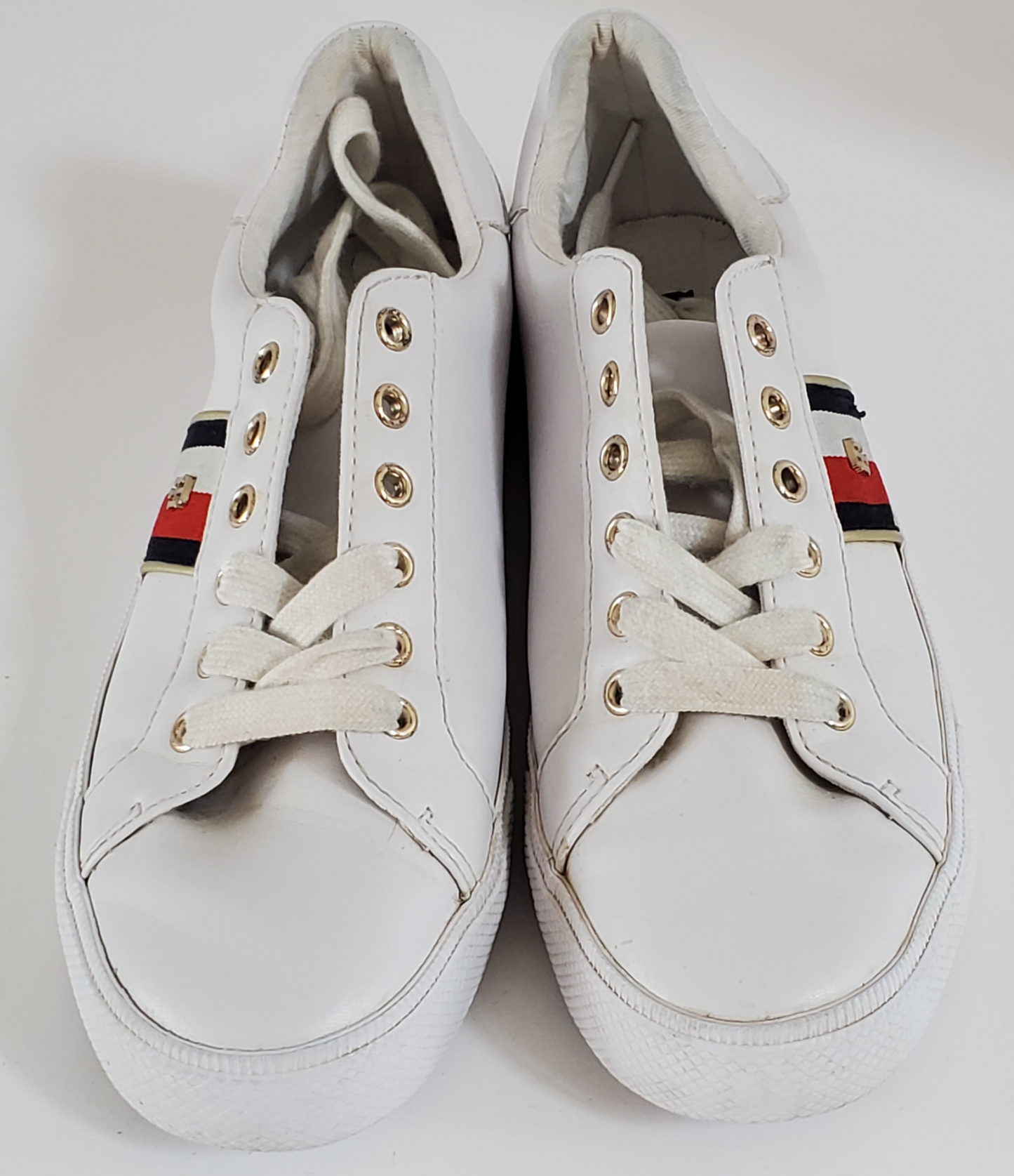 White with Red/White/Blue Stripe Accents  TH Initials on Side of Sneaker  Low Top - Lace up  Very Clean Pre-Owned Sneakers