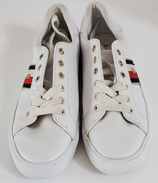 White with Red/White/Blue Stripe Accents  TH Initials on Side of Sneaker  Low Top - Lace up  Very Clean Pre-Owned Sneakers