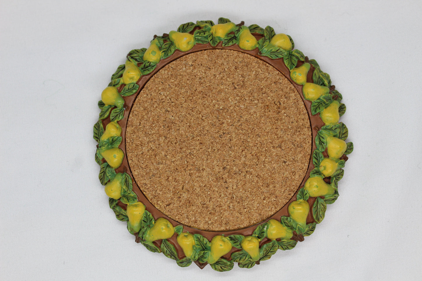 Set of 4 Coasters -  Apple Pattern (2), Grape   Pattern (1); Pear Pattern (1)  Russ Wine Cellar - Berrie and Company  Approx:  3.75” Round  Ceramic With Cork Inlay
