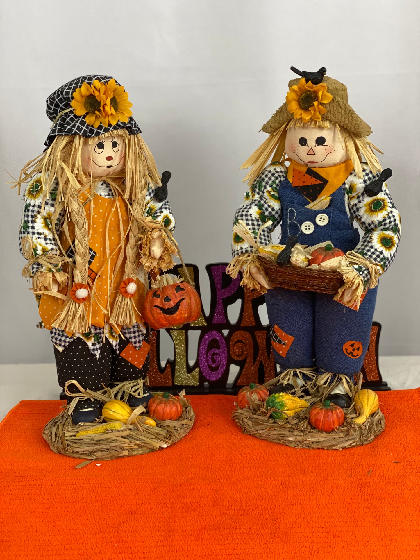 Set of Fabric Mache Scarecrows  Made of Fabric, Straw   Intricate Ceramic Accessories  Approx 14” H on Stands  Ideal for Table-Top Decor  In Original Box