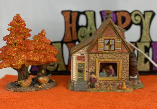 Ceramic  House/Cider Mill with Tree  House Approx.  6.5” H x 6” W  House is Electric/Illuminated with Autumn Decor  Tree is 6” H x 3.5 W with Autumn Decor