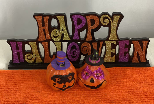 Good Condition     Pair of Decorated Ceramic Pumpkins  Approx. 4” H x 3” W