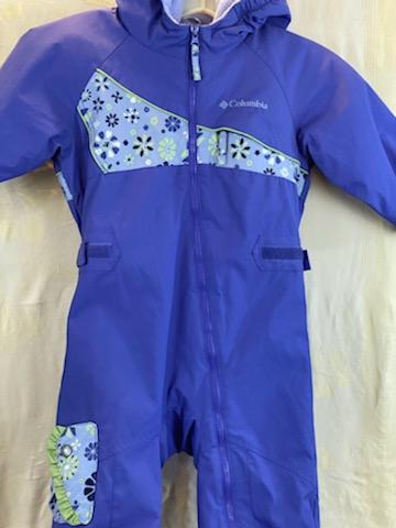 Purple Snowsuit, Size 3-T  Attached Hood  Zipper Front Closure, Elastic Around wrists & bottom of legs  Water-Proof Fabric  Fleece Lining  Measures- Shoulder to Ankle 32”, Sleeve Length 13”                    Underarm-Underarm 14”   