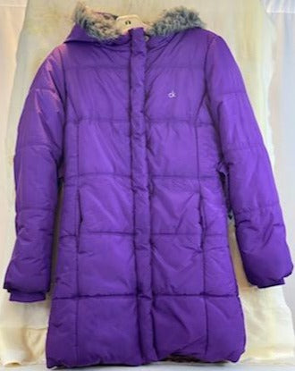 Deep Purple Coat  Large (12-14)  Attached Hood with Furry Trim  Front Zipper and Snap Closures  Two (2) Front Pockets  Waist Belt with Hook Closure  30” Shoulder to Bottom  24” Sleeve Length  17” Across Chest