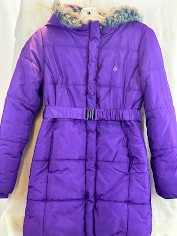 Deep Purple Coat  Large (12-14)  Attached Hood with Furry Trim  Front Zipper and Snap Closures  Two (2) Front Pockets  Waist Belt with Hook Closure  30” Shoulder to Bottom  24” Sleeve Length  17” Across Chest