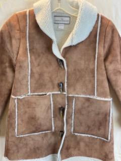 Tan Suede Girl’s Coat  Size 8  Fleece Lined  Fleece around Collar, Cuffs and Bottom  Toggle Buttons for Closure  Two (2) Large Front Pockets   24” Shoulder to Bottom  19” Sleeve Length  16” Across Chest