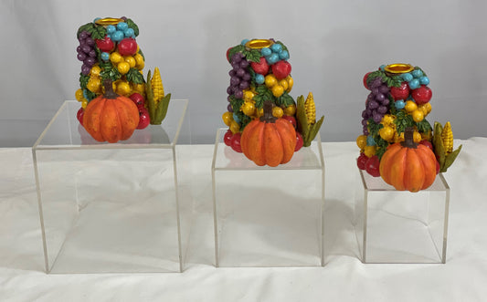 3-Piece Candlestick Holder Set  Fruit & Vegetable Design  Stoneware   Approx 4 ½” L x 4” H
