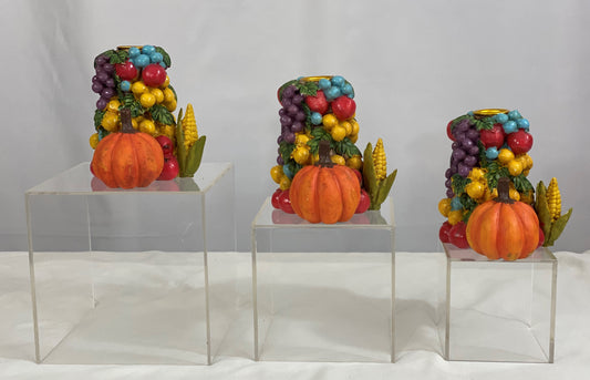 3-Piece Candlestick Holder Set  Fruit & Vegetable Design  Stoneware   Approx 4 ½” L x 4” H