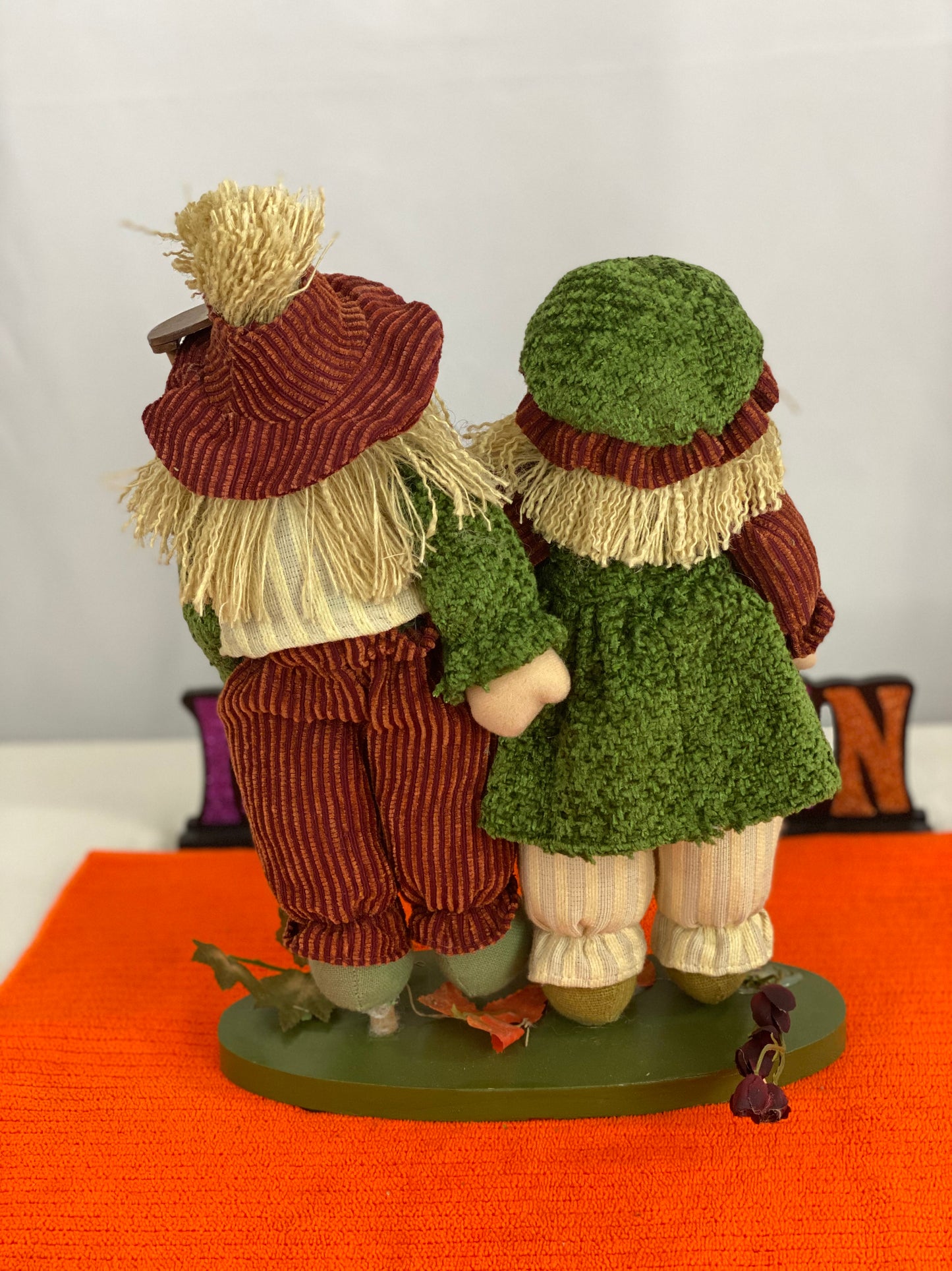 Approx. 9.5 W x 13.5 H  Clothing is made of cloth/corduroy fabric  Decorated with seasonal images and “Harvest Greetings” sign