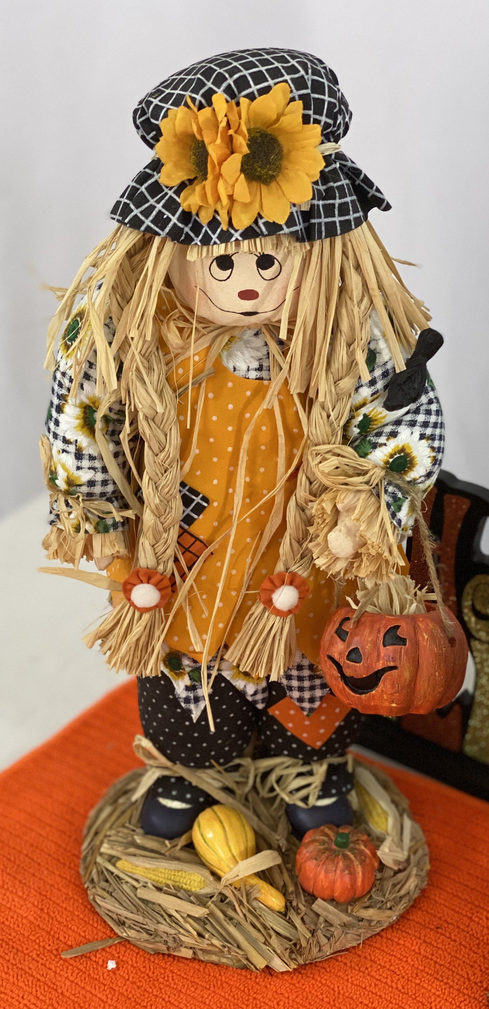 Set of Fabric Mache Scarecrows  Made of Fabric, Straw   Intricate Ceramic Accessories  Approx 14” H on Stands  Ideal for Table-Top Decor  In Original Box