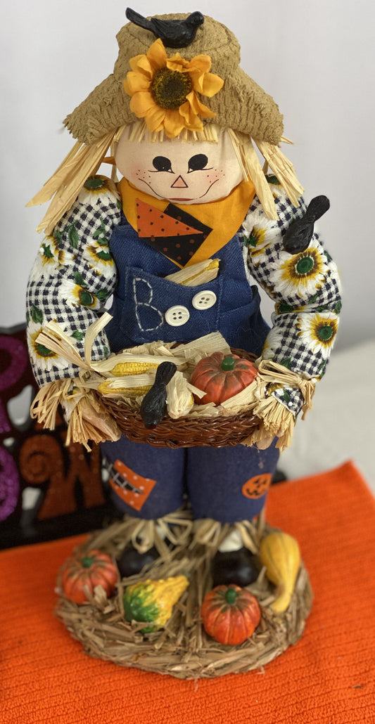 Set of Fabric Mache Scarecrows  Made of Fabric, Straw   Intricate Ceramic Accessories  Approx 14” H on Stands  Ideal for Table-Top Decor  In Original Box