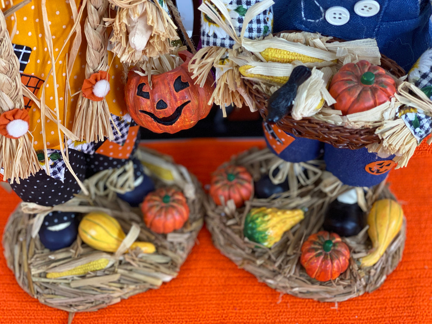 Set of Fabric Mache Scarecrows  Made of Fabric, Straw   Intricate Ceramic Accessories  Approx 14” H on Stands  Ideal for Table-Top Decor  In Original Box