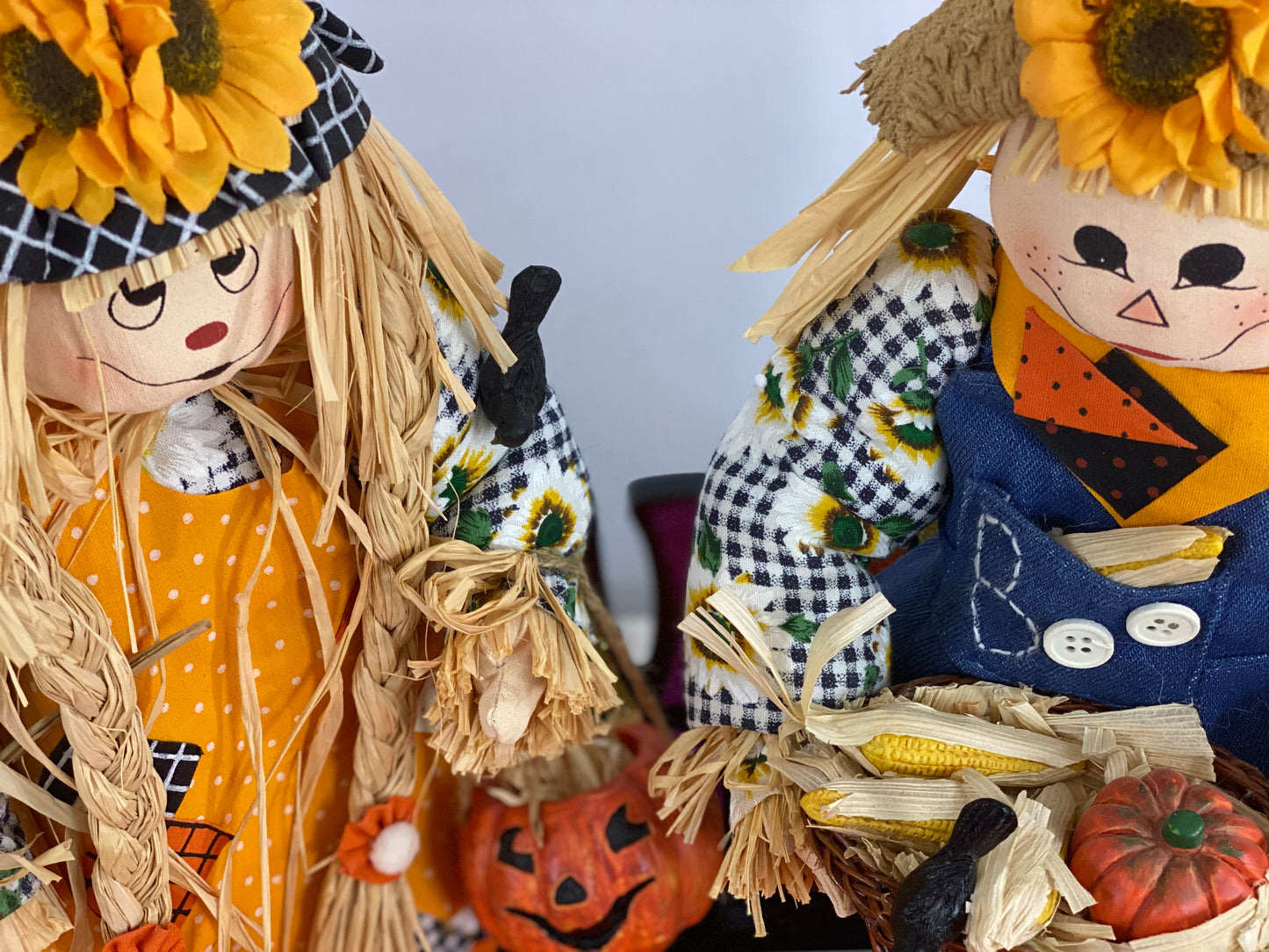 Set of Fabric Mache Scarecrows  Made of Fabric, Straw   Intricate Ceramic Accessories  Approx 14” H on Stands  Ideal for Table-Top Decor  In Original Box