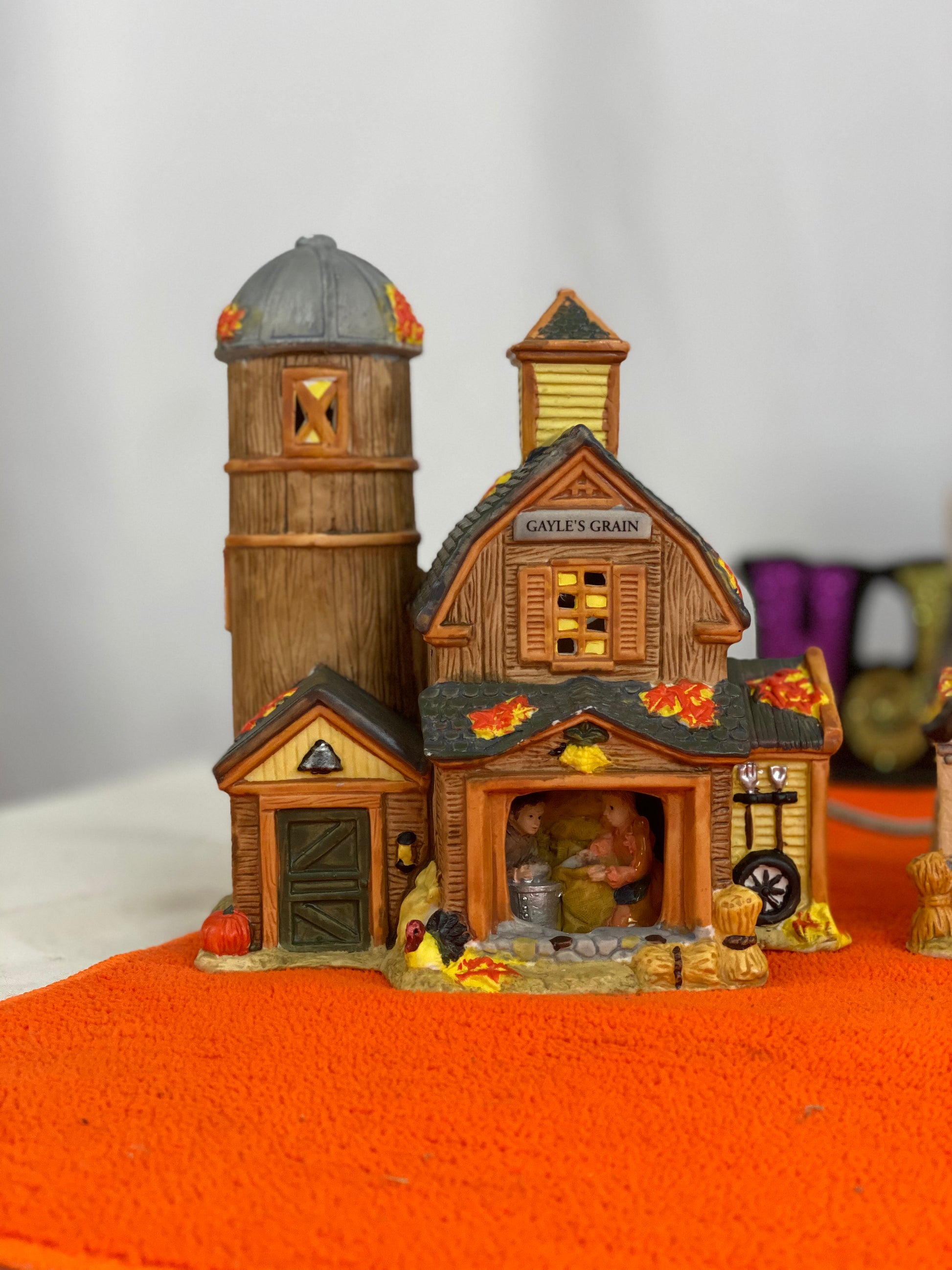 Gayle’s Grain Approx 6.5” H x 5” W x 3” D  Molly’s Mart  Approx  6.5” H x 5.75” W x 3.5” D  The Apple Barn Approx 6” H x 5” W x 4” D    Ceramic Pieces  Electric Lighting/Illumination  Great Detail of Autumn Decor