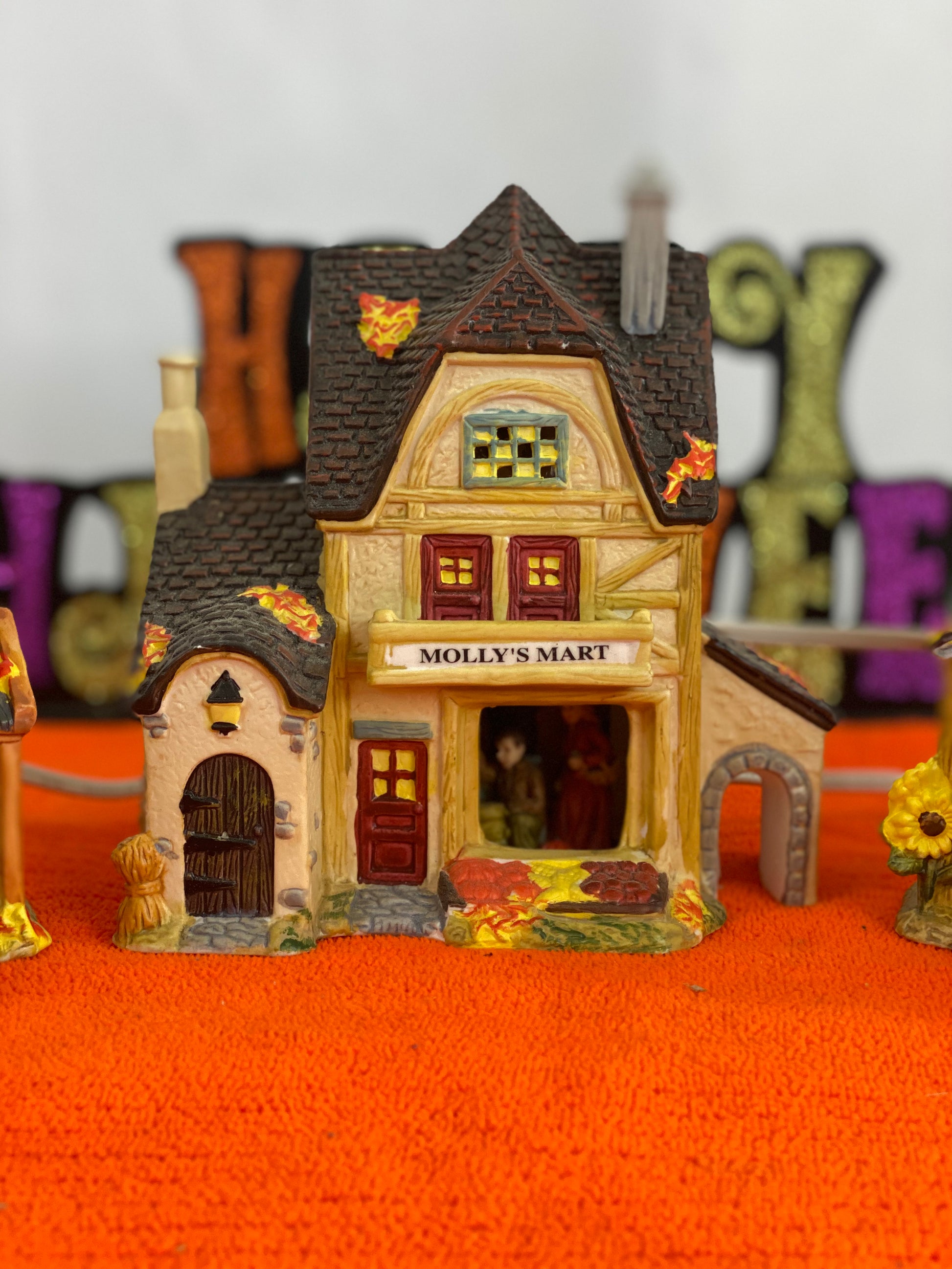 Gayle’s Grain Approx 6.5” H x 5” W x 3” D  Molly’s Mart  Approx  6.5” H x 5.75” W x 3.5” D  The Apple Barn Approx 6” H x 5” W x 4” D    Ceramic Pieces  Electric Lighting/Illumination  Great Detail of Autumn Decor