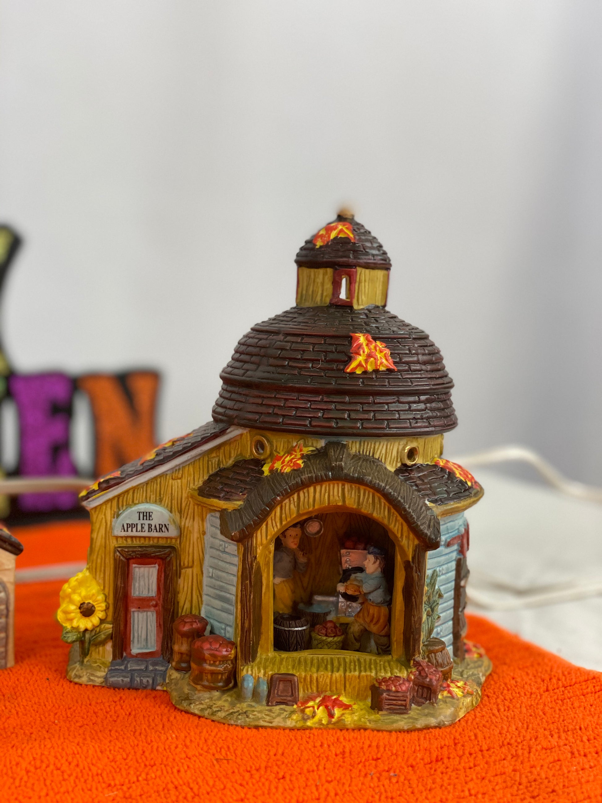 Gayle’s Grain Approx 6.5” H x 5” W x 3” D  Molly’s Mart  Approx  6.5” H x 5.75” W x 3.5” D  The Apple Barn Approx 6” H x 5” W x 4” D    Ceramic Pieces  Electric Lighting/Illumination  Great Detail of Autumn Decor