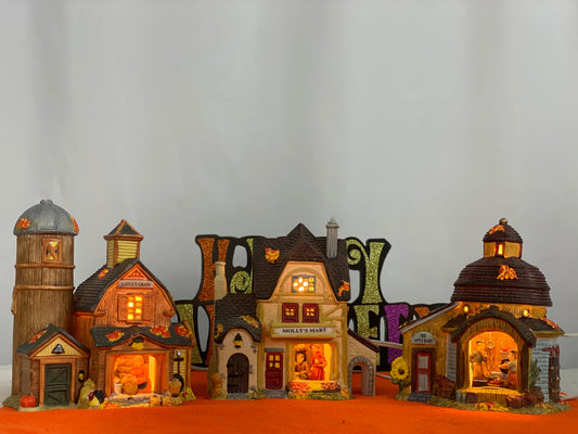 Gayle’s Grain Approx 6.5” H x 5” W x 3” D  Molly’s Mart  Approx  6.5” H x 5.75” W x 3.5” D  The Apple Barn Approx 6” H x 5” W x 4” D    Ceramic Pieces  Electric Lighting/Illumination  Great Detail of Autumn Decor