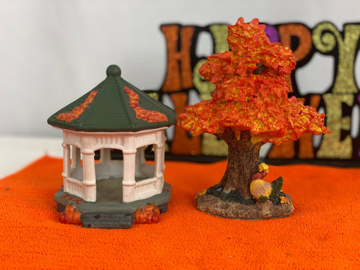 Gazebo Decorated for Autumn  Approx 4.5 H x 3.5” W    Autumn Tree  Approx 6” H x 4,5” W