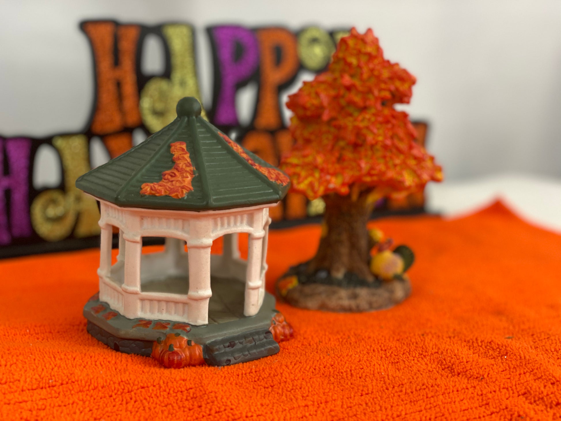 Gazebo Decorated for Autumn  Approx 4.5 H x 3.5” W    Autumn Tree  Approx 6” H x 4,5” W