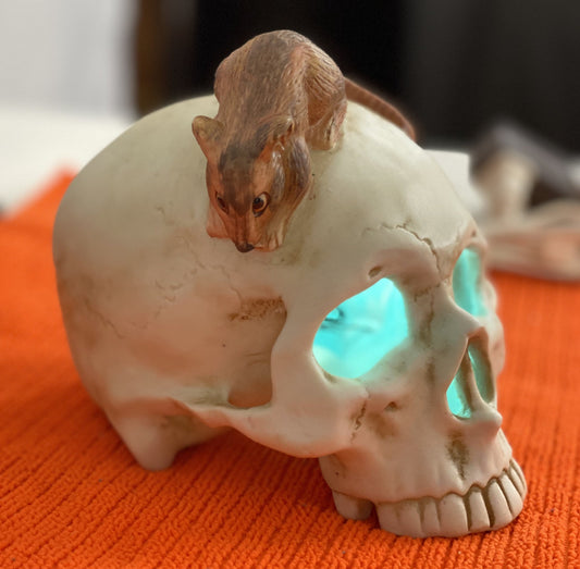 White Ceramic with Brown Rat on Top  Illuminated  Approx. 5” H x 3 ¾ W