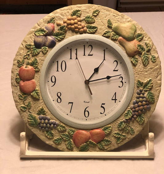 Round Kitchen Clock Cream Color with Multi-Fruit & Leaf Design Made of Resin Approx: 12” Diameter Plastic Dial Face AA Battery Operated