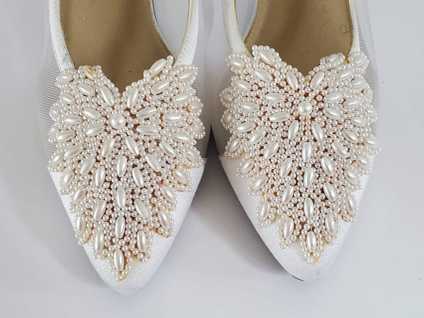 Nina Dress Shoe - New/Never Worn  Size 8.5 Medium  Off-White/Cream Satin  Mesh/Satin Sides  Intricate Beading Detail on Top  Approx 2 ¾ Heel