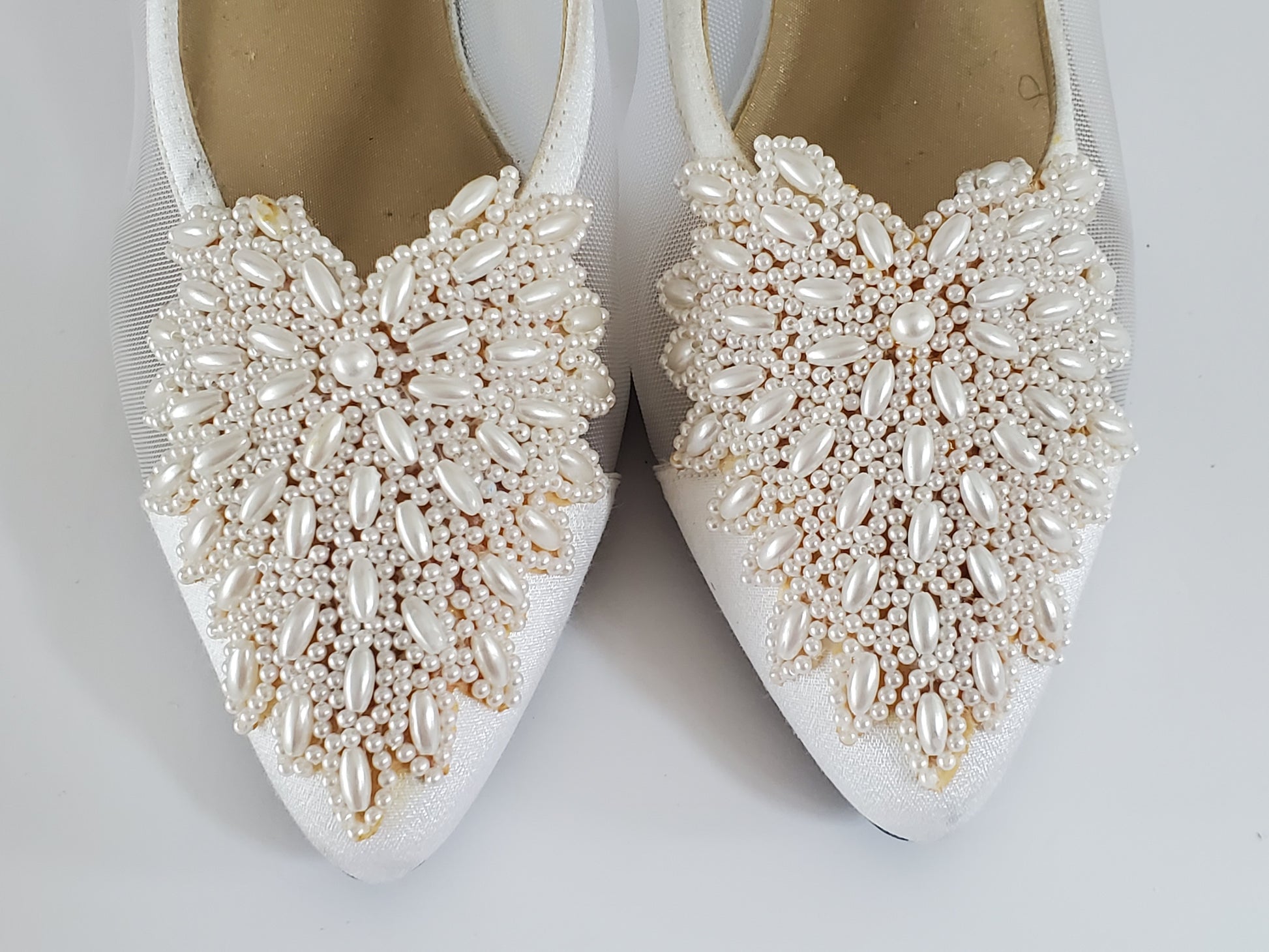 Nina Dress Shoe - New/Never Worn  Size 8.5 Medium  Off-White/Cream Satin  Mesh/Satin Sides  Intricate Beading Detail on Top  Approx 2 ¾ Heel