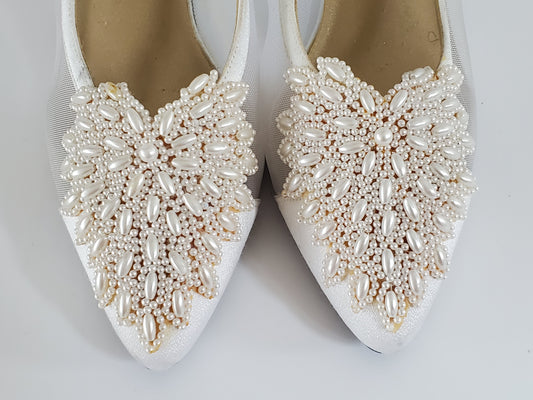Nina Dress Shoe - New/Never Worn  Size 8.5 Medium  Off-White/Cream Satin  Mesh/Satin Sides  Intricate Beading Detail on Top  Approx 2 ¾ Heel