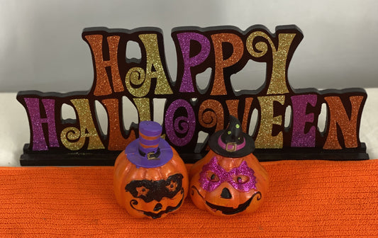Good Condition     Pair of Decorated Ceramic Pumpkins  Approx. 4” H x 3” W