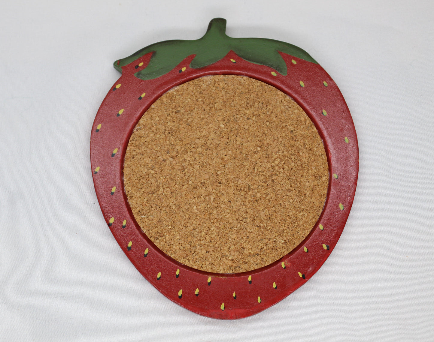 Set of four (4) Wooden Coasters 			Cork Inlay 			Strawberry Design 			Holder -  Wooden Shaped/Designed                Basket With Strawberries 	                                  Approx:    4.5”W x 5”H