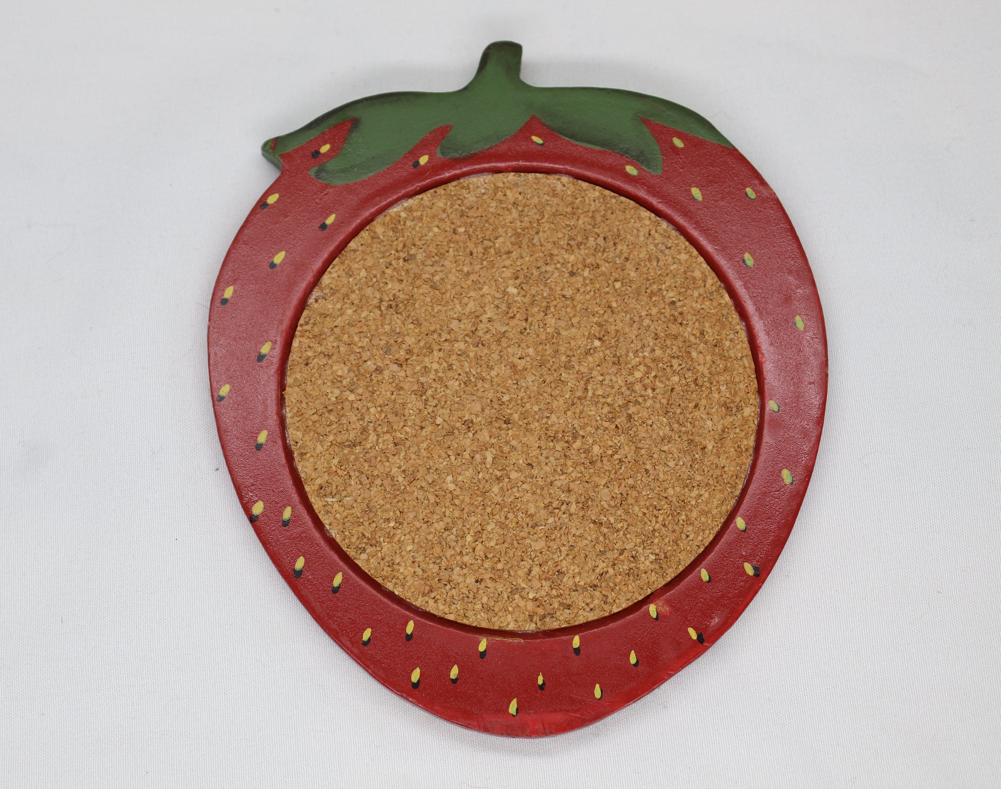 Set of four (4) Wooden Coasters 			Cork Inlay 			Strawberry Design 			Holder -  Wooden Shaped/Designed                Basket With Strawberries 	                                  Approx:    4.5”W x 5”H