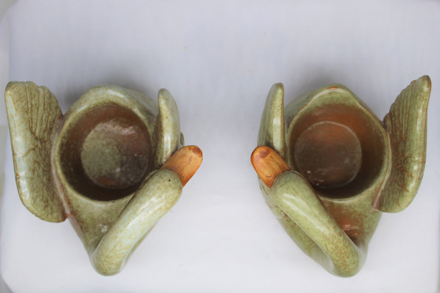 Set of two (2) Stone Swans  Votive Candle Holders  Green with Brown Beaks  Each Measures Approx:    4.5” W x 3.5” H