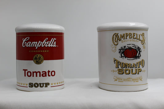 Ceramic Salt and Pepper Set  Tomato Soup Design  Made in Year 2000  Approx: 2.5” Diameter and 3” High