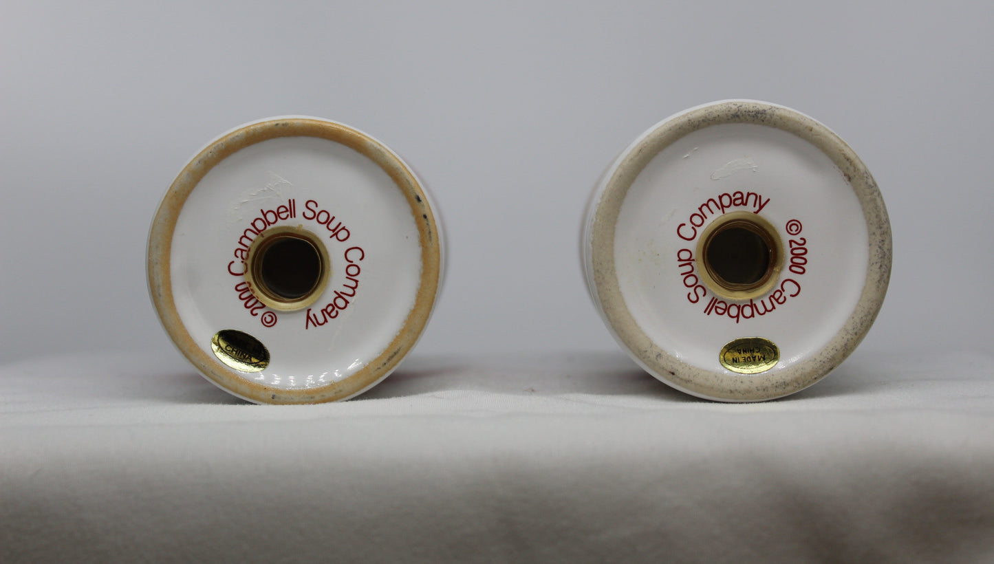 Ceramic Salt and Pepper Set  Tomato Soup Design  Made in Year 2000  Approx: 2.5” Diameter and 3” High